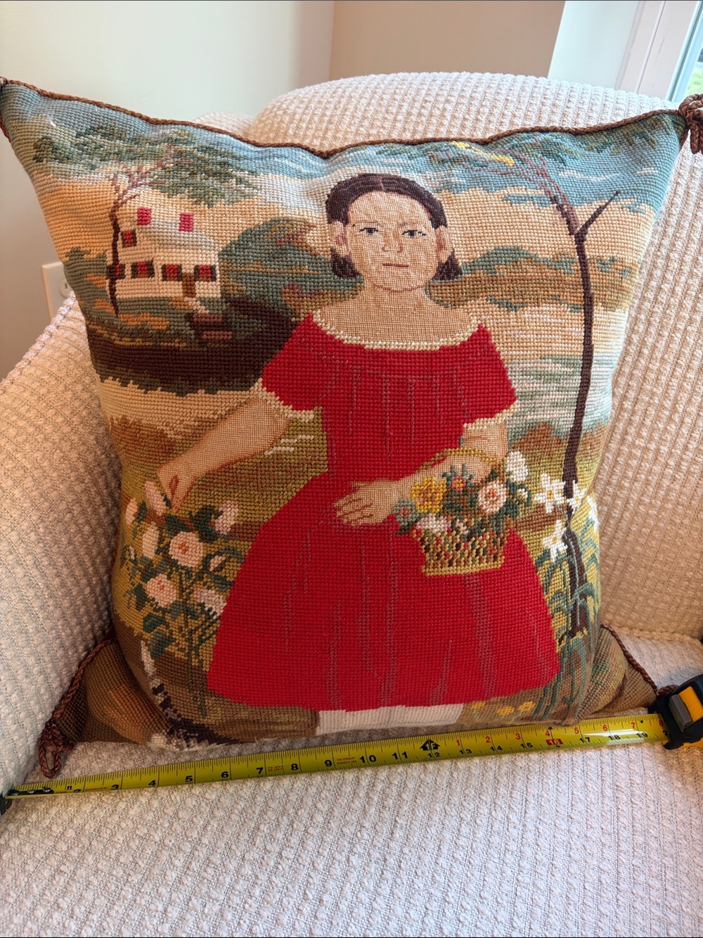 Kathy Diddel 20” square pillow. Needle point and petit  point.